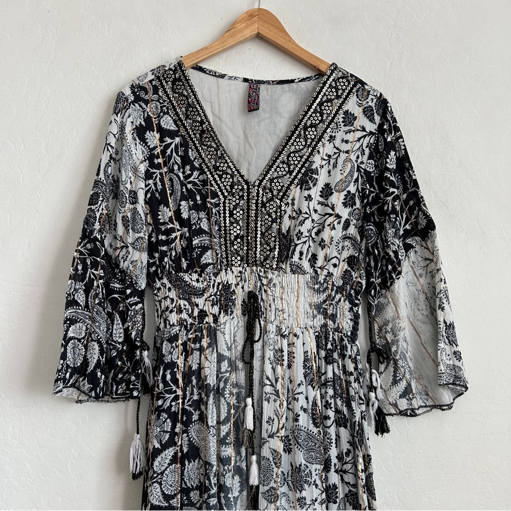Anthropologie/Me 2 Magic Dress XL Maxi Tiered Flare Sleeve Paisley Black White - Picture 3 of 11